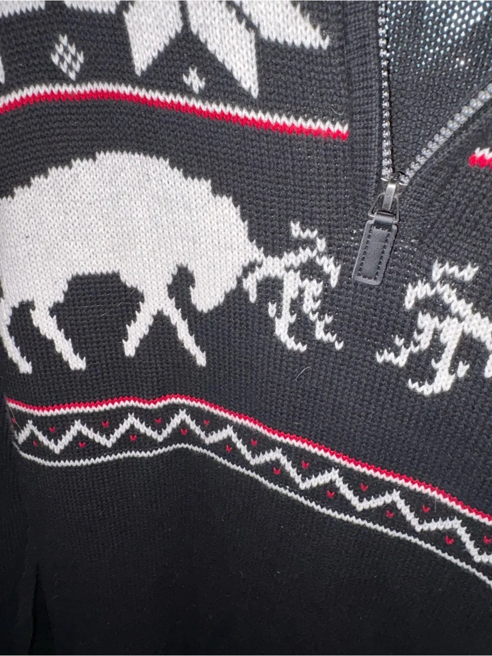 Chaps Nordic fair isle Wild Boar quarter zip sweater size Med black 100%cotton
